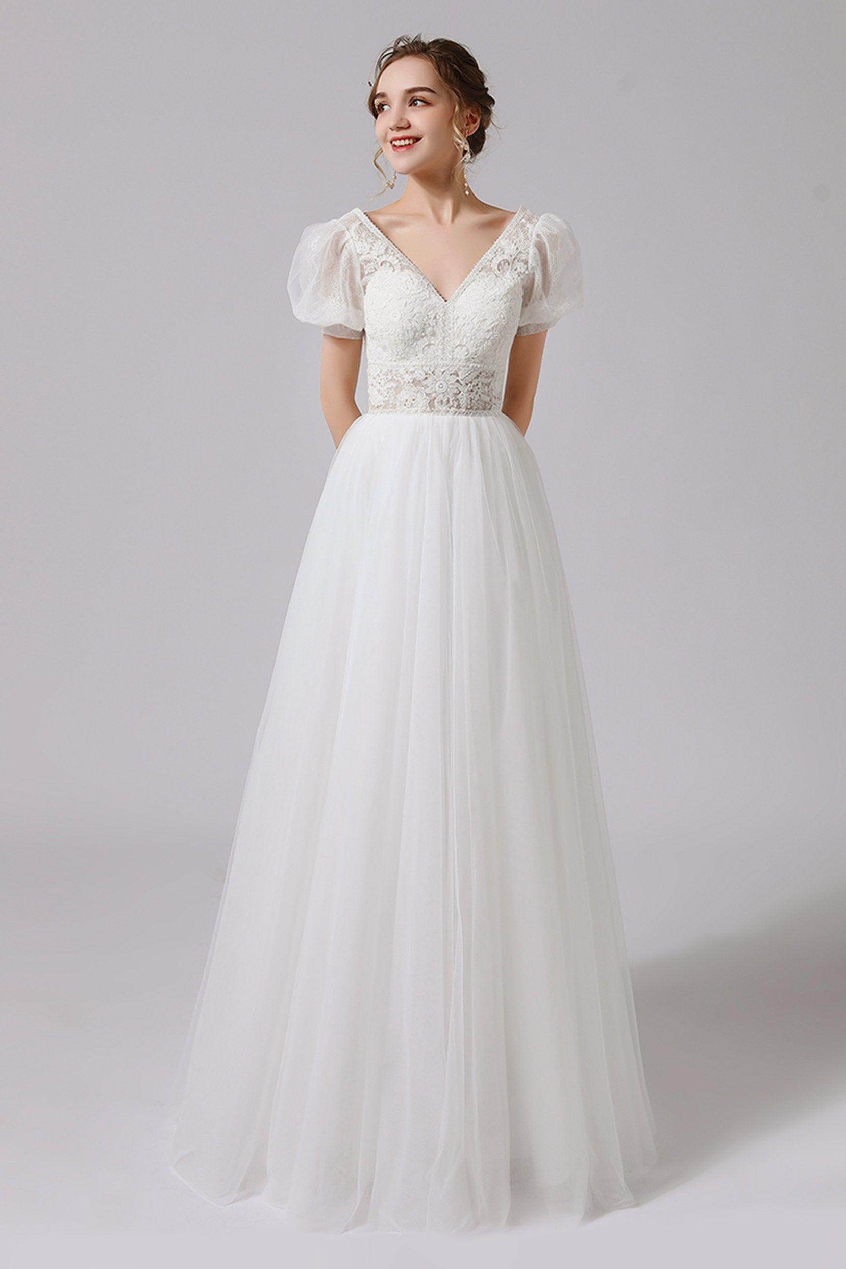 A-Line Floor Length Lace Tulle Wedding Dress CW2707 - COCOMELODY